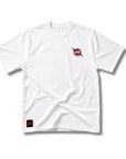 White t-shirt with a logo on a white background