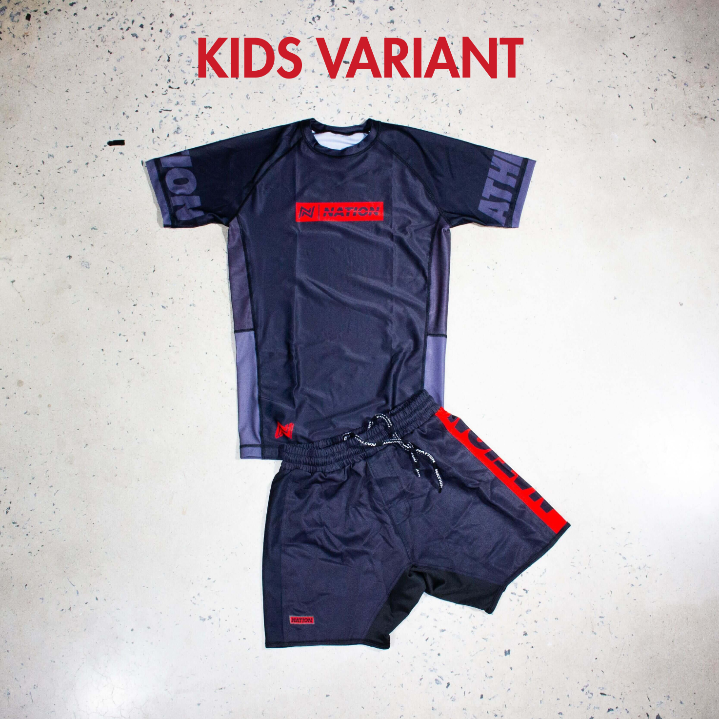 Youth Jiu Jitsu Essentials Kids BJJ Rash Guard Set in black for youth by Nation Athletic.
