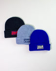 Jiu Jitsu beanies in waffle knit design in royal blue, charcoal, and light gray.