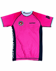 Pink athletic shirt with branding on a white background