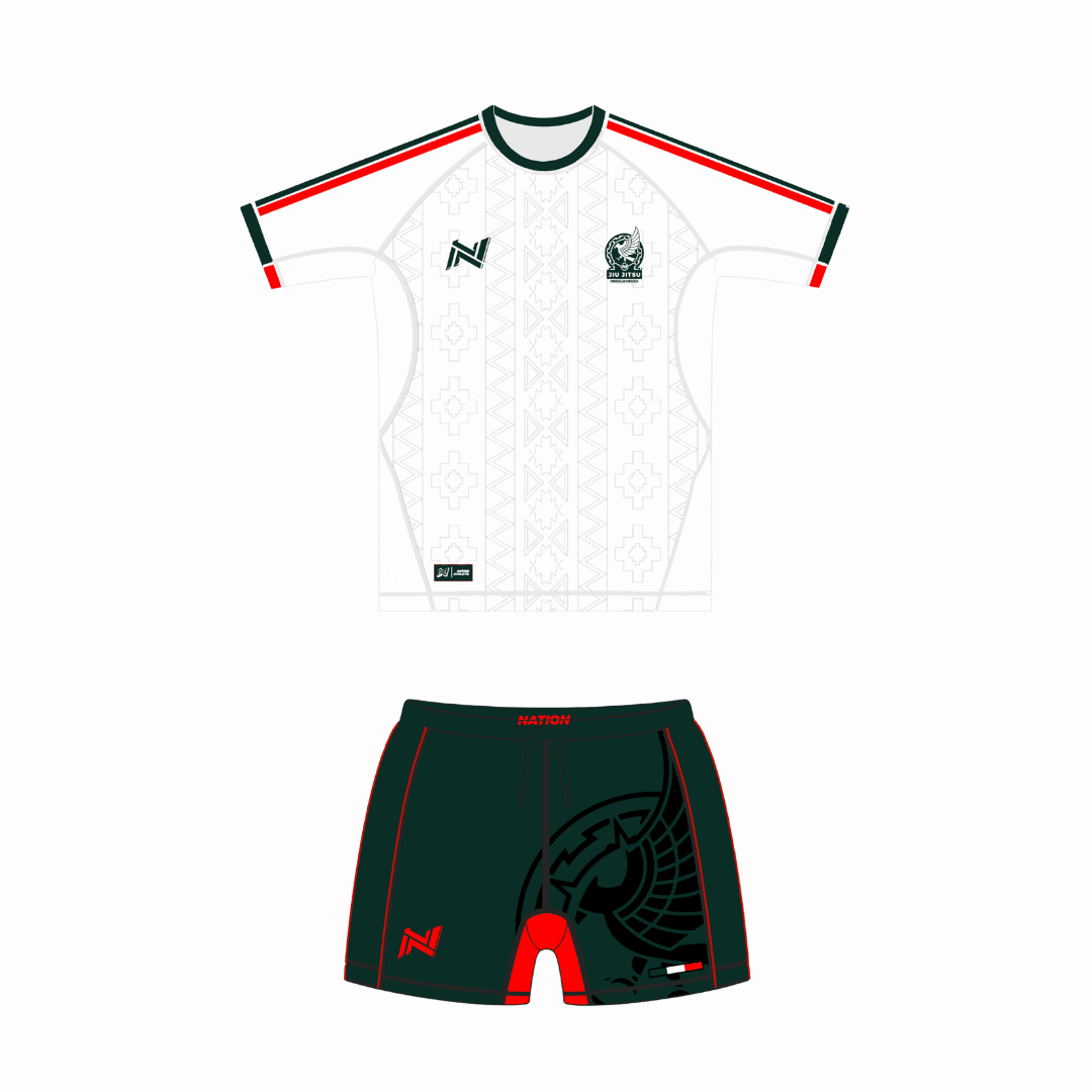 Mexico World Cup BJJ Rash Guard Set white no-gi training kit with matching rash guard and grappling shorts