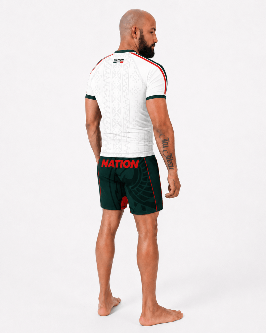 Mexico World Cup white BJJ rash guard and shorts no-gi training kit by Nation Athletic