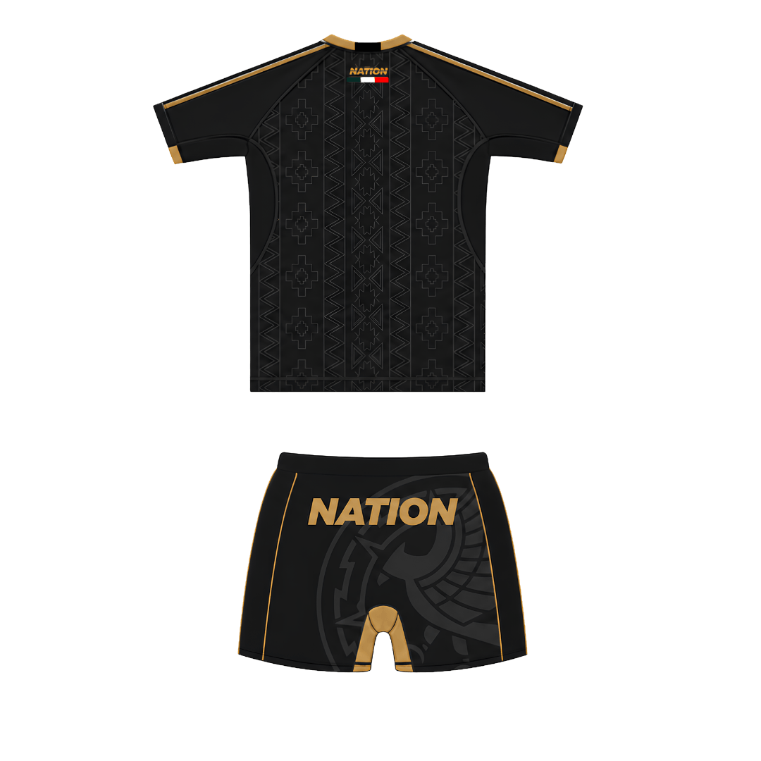 Mexico World Cup BJJ Rash Guard Set in black and gold no-gi grappling kit by Nation Athletic back