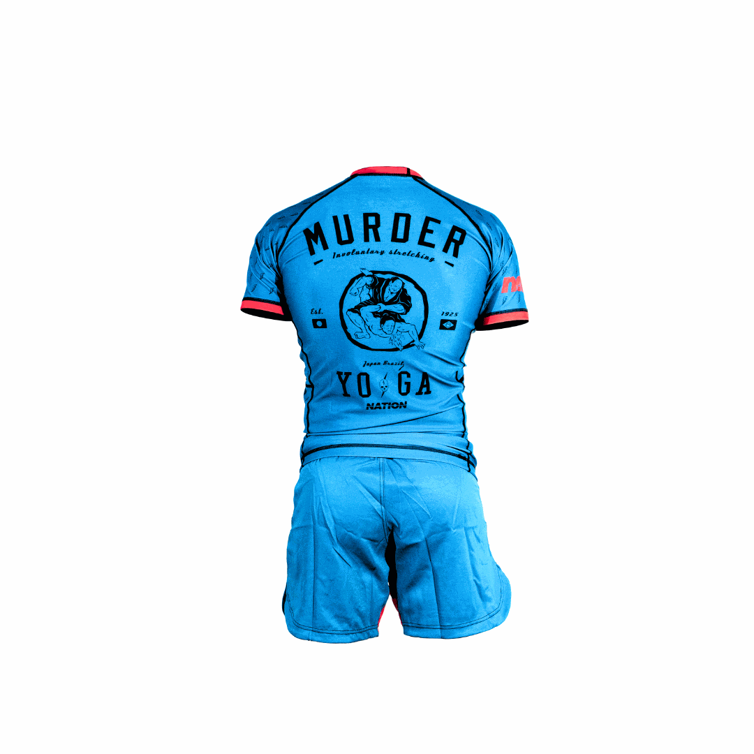 Men's Blue Murder Yoga BJJ Rash Guard Set for No-Gi Jiu Jitsu Training.