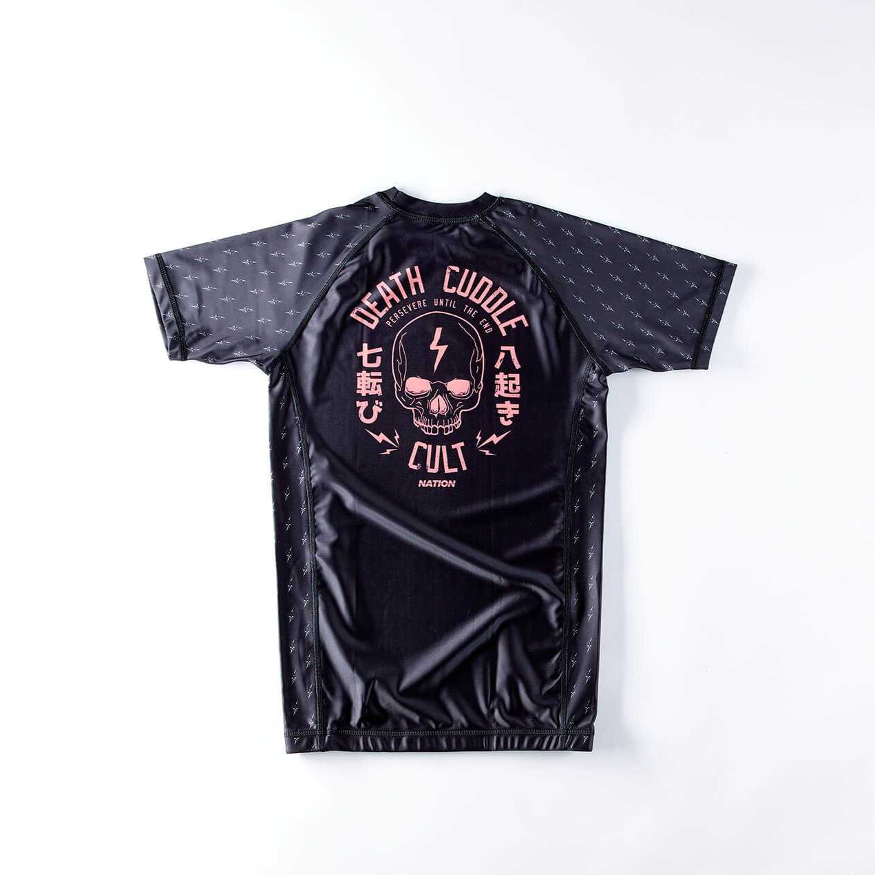 Lightweight black BJJ rash guard with "Death Cuddle" design, ideal for durable and flexible no-gi training.