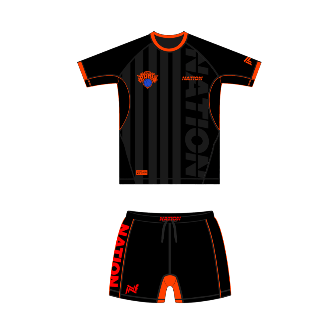 New York Nicks black and orange no-gi BJJ rash guard for grappling training