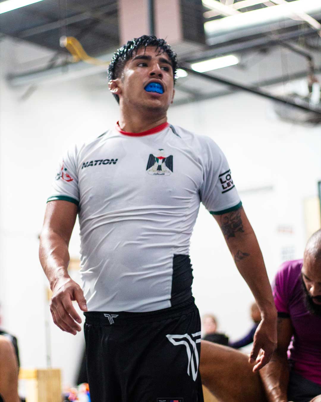 Palestine Rash Guard in action, white limited edition BJJ gear by Nation Athletic.