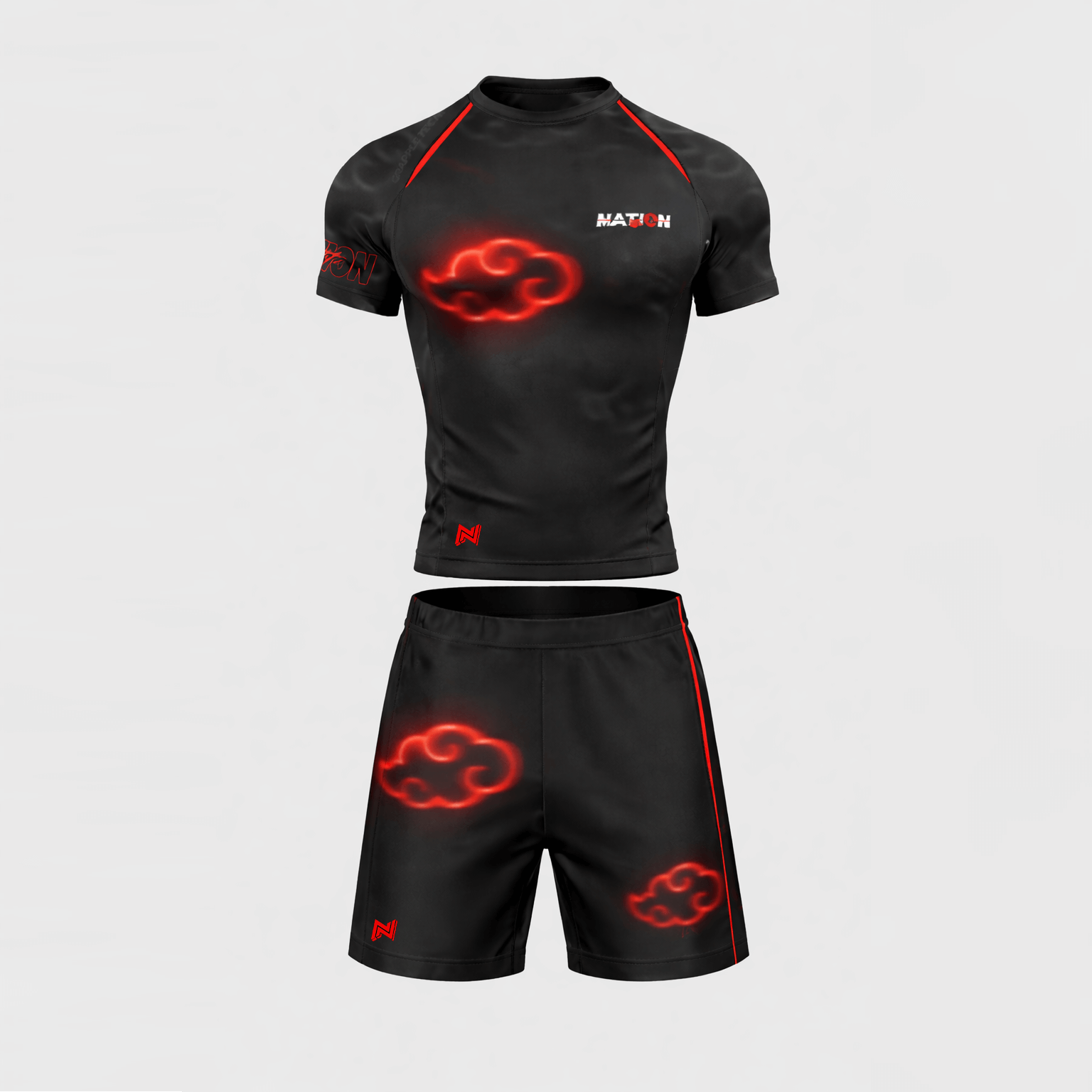 Shadow Cloud No Gi Set black Naruto-style anime BJJ rash guard and grappling shorts with red cloud design