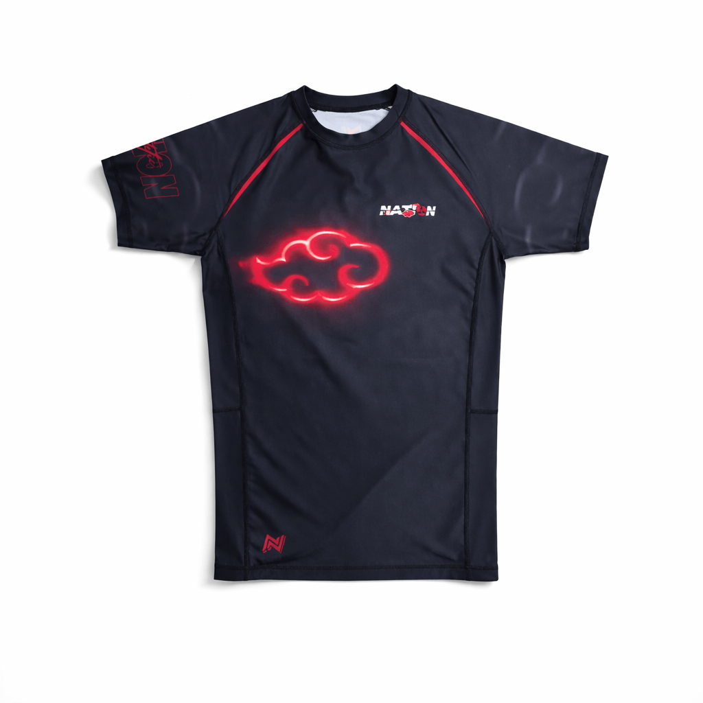 Black Shadow Cloud Naruto-style anime BJJ rash guard with red cloud design and compression fit