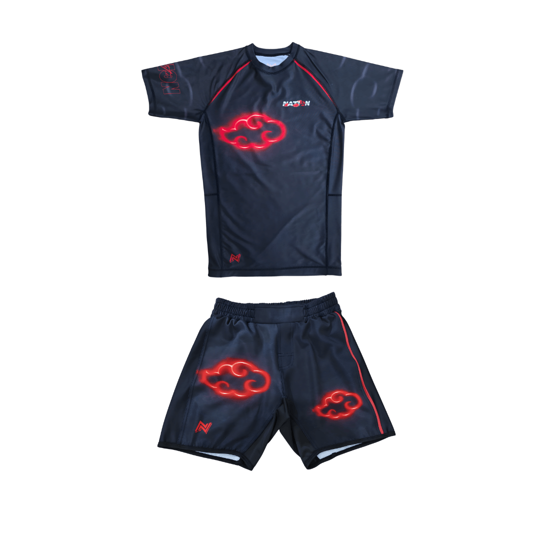 Shadow Cloud Naruto-style black and red anime BJJ rash guard and shorts set with glowing red cloud design