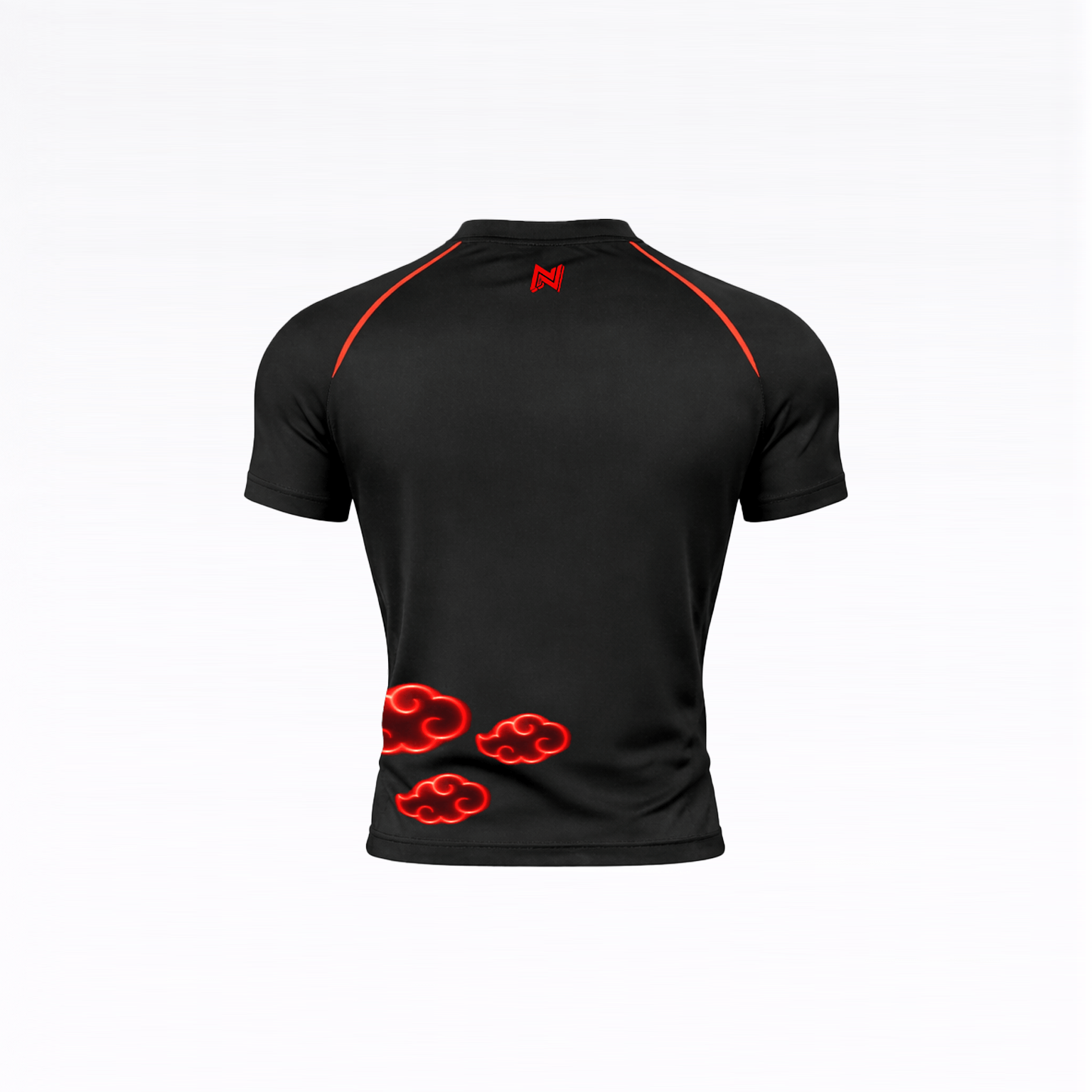Shadow Cloud Naruto-style anime BJJ rash guard with red cloud design on black compression shirt back view