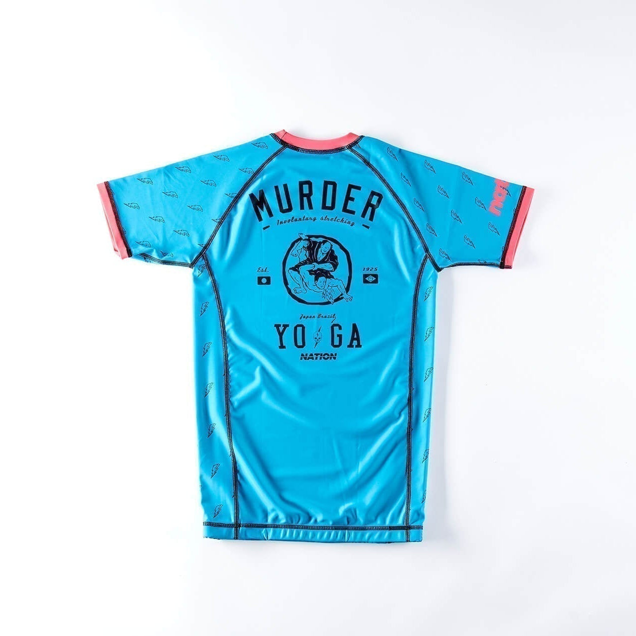 Blue short sleeve BJJ rash guards by Nation Athletics with "Murder Yoga" design, lightweight and durable.