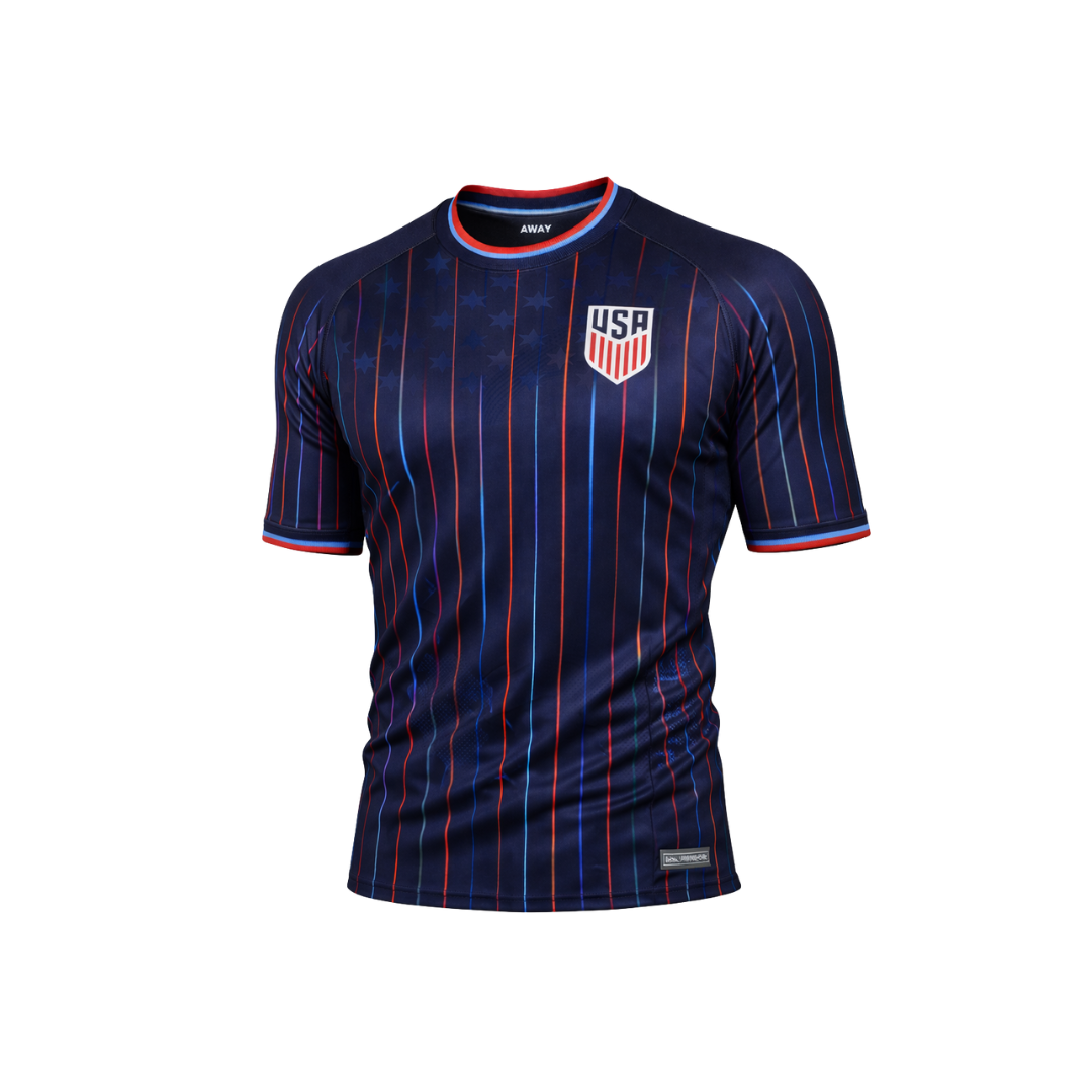 Navy blue sports jersey with red and white stripes and USA logo on a white background