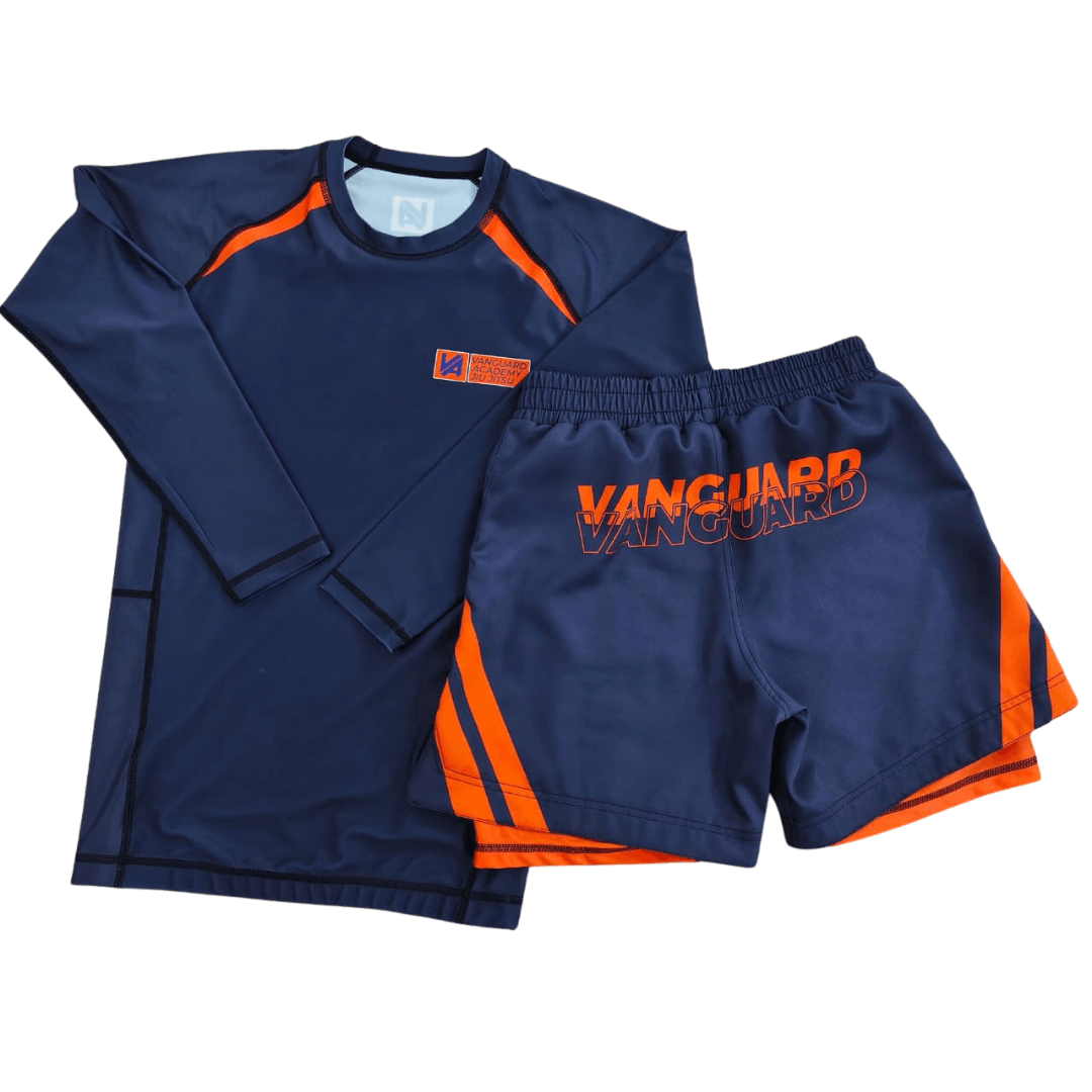 Vanguard Grappling Shorts in orange and blue with four-way stretch for grappling and no-gi training