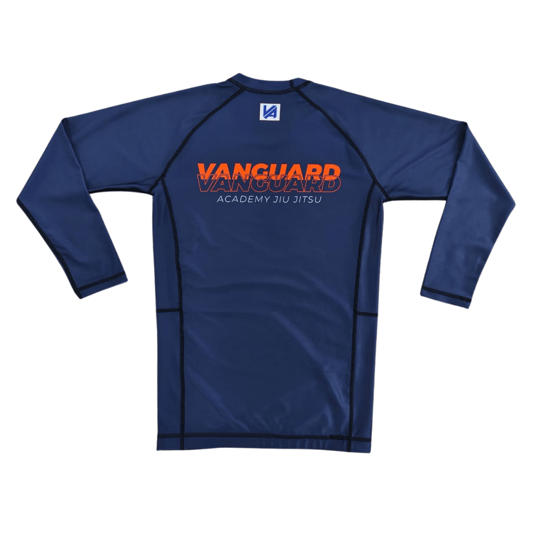 Orange and blue Vanguard Rash Guard by Nation Athletic with long sleeves and compression fit for grappling