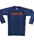 Orange and blue Vanguard Rash Guard by Nation Athletic with long sleeves and compression fit for grappling