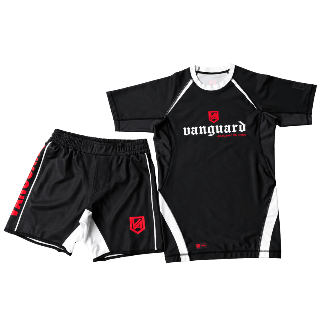 Vanguard No-Gi Set black and white rash guard and grappling shorts for no-gi training by Nation Athletic