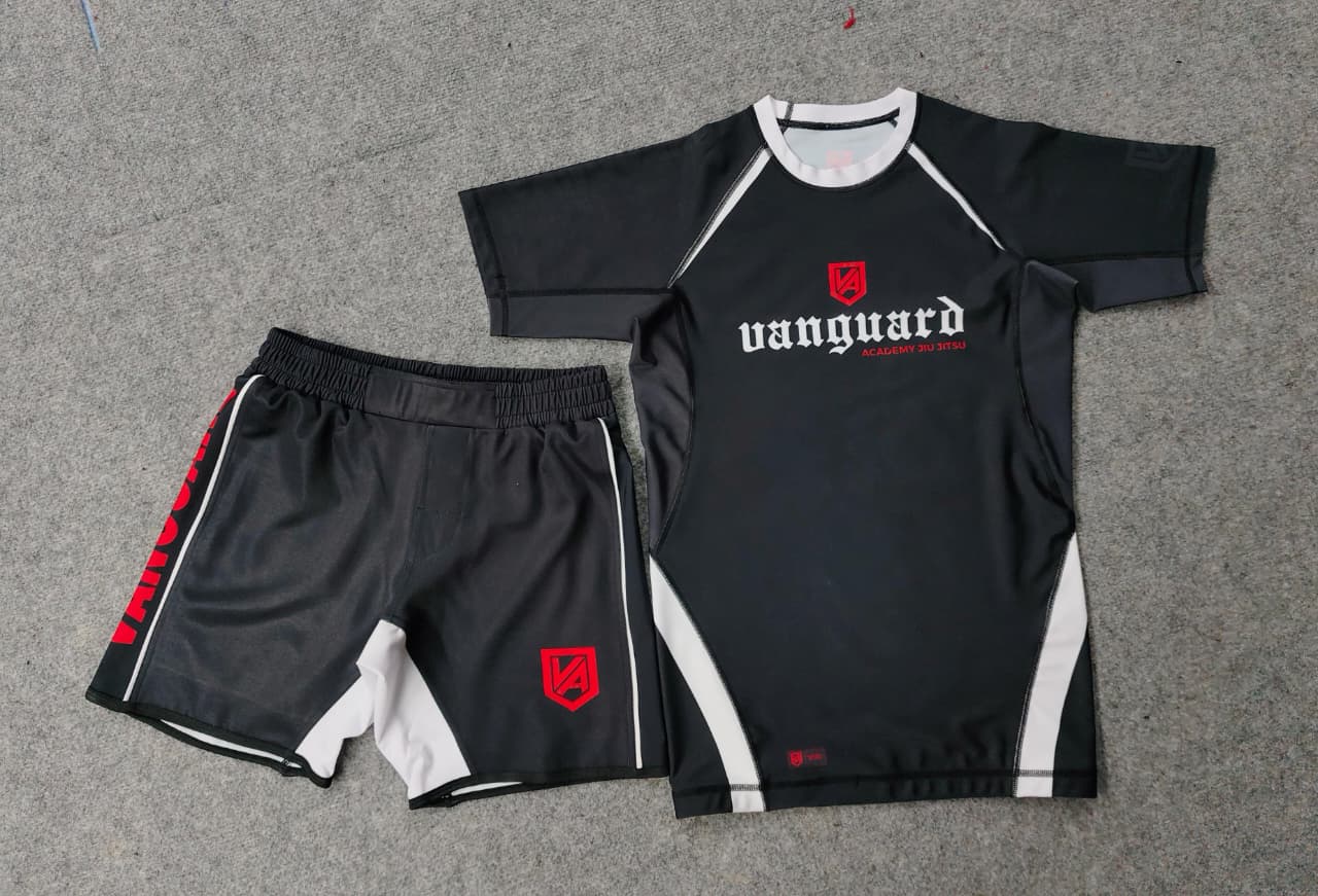 Vanguard No-Gi Set black and white BJJ rash guard and grappling shorts for durable, moisture-wicking no-gi training