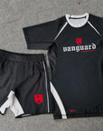 Vanguard No-Gi Set black and white BJJ rash guard and grappling shorts for durable, moisture-wicking no-gi training
