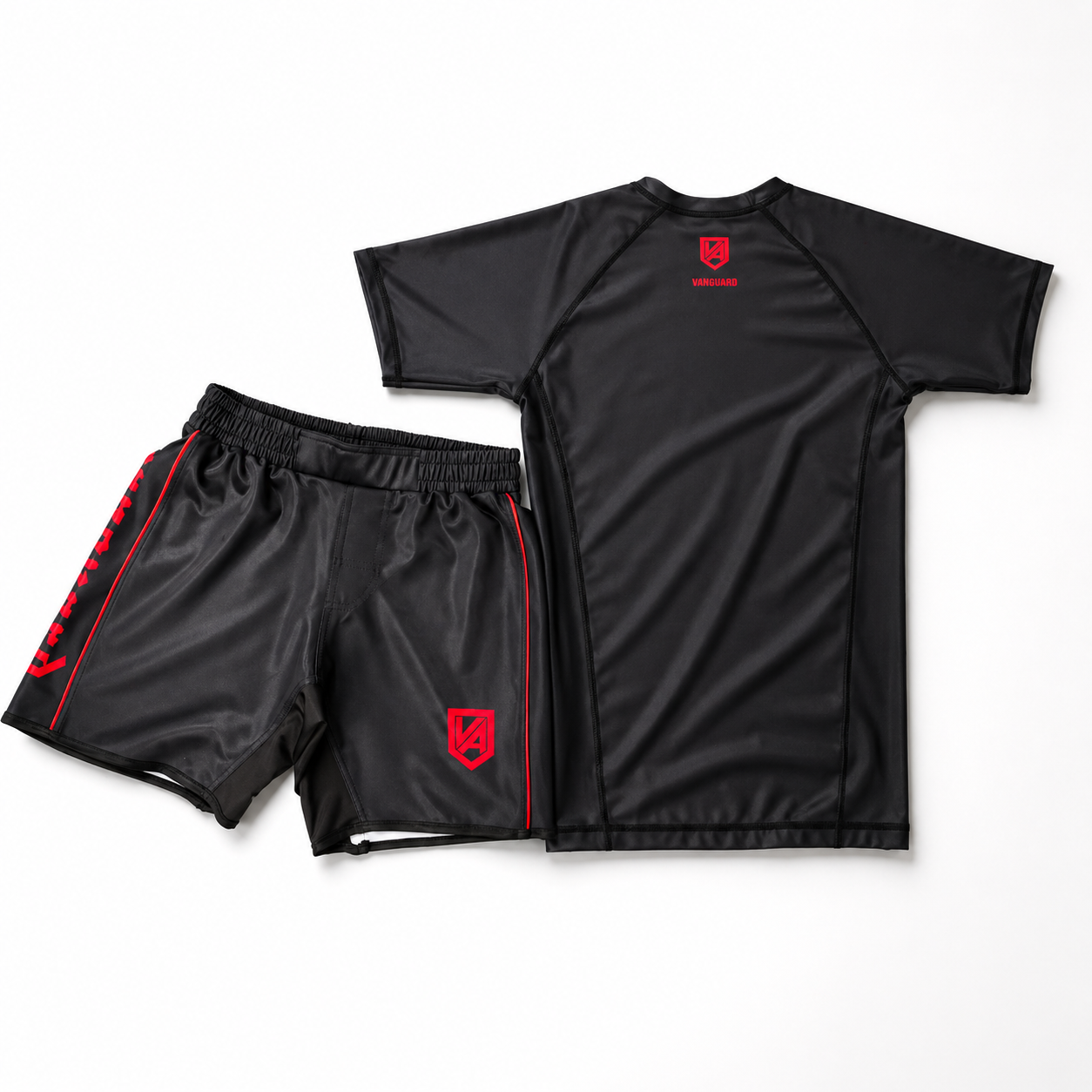 Vanguard No-Gi Set red and black rash guard and grappling shorts for BJJ training