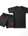 Vanguard No-Gi Set red and black rash guard and grappling shorts for BJJ training