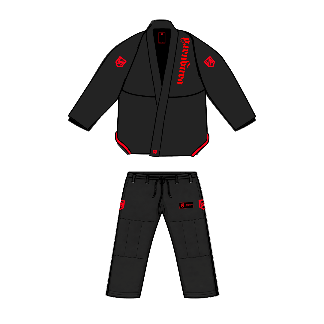 Black Vanguard BJJ Gi with red letters and reinforced seams by Nation Athletic