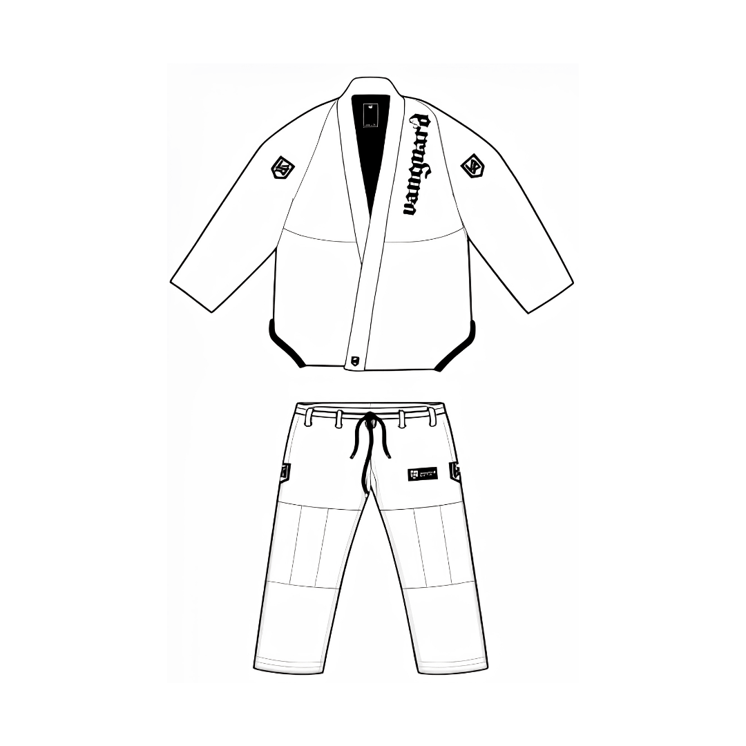 White Vanguard BJJ Gi with black lettering and reinforced seams for competition and training