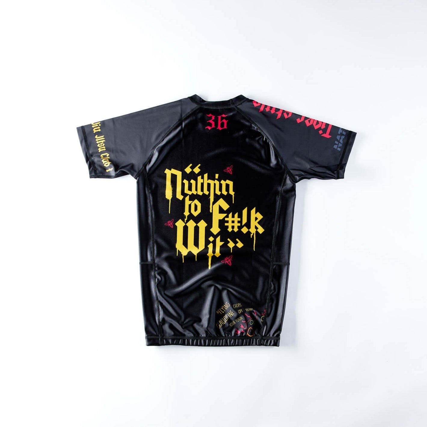 Short Sleeve BJJ Rash Guards with "Nuthin Ta F#!k Wit" design in black, high-performance for No-Gi Jiu Jitsu.