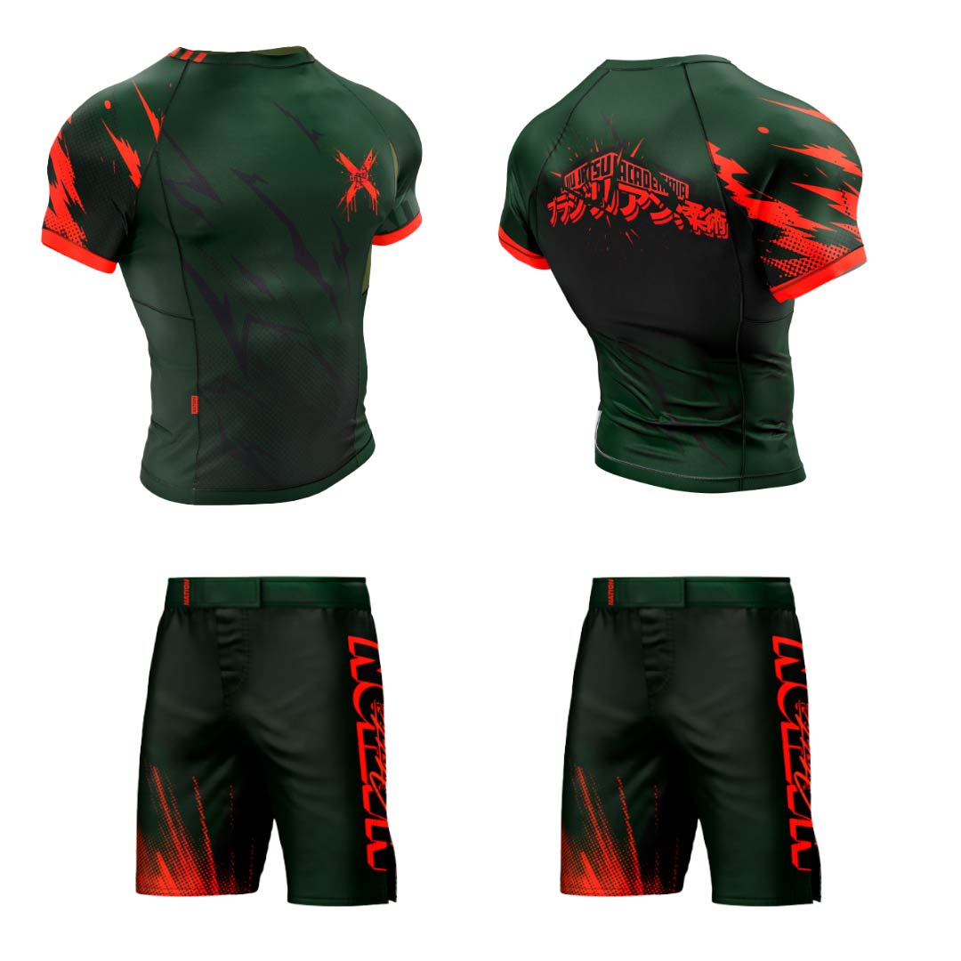 Bakugo Anime Kids BJJ Rash Guard Set featuring green and orange design inspired by My Hero Academia, ideal for youth martial arts training.