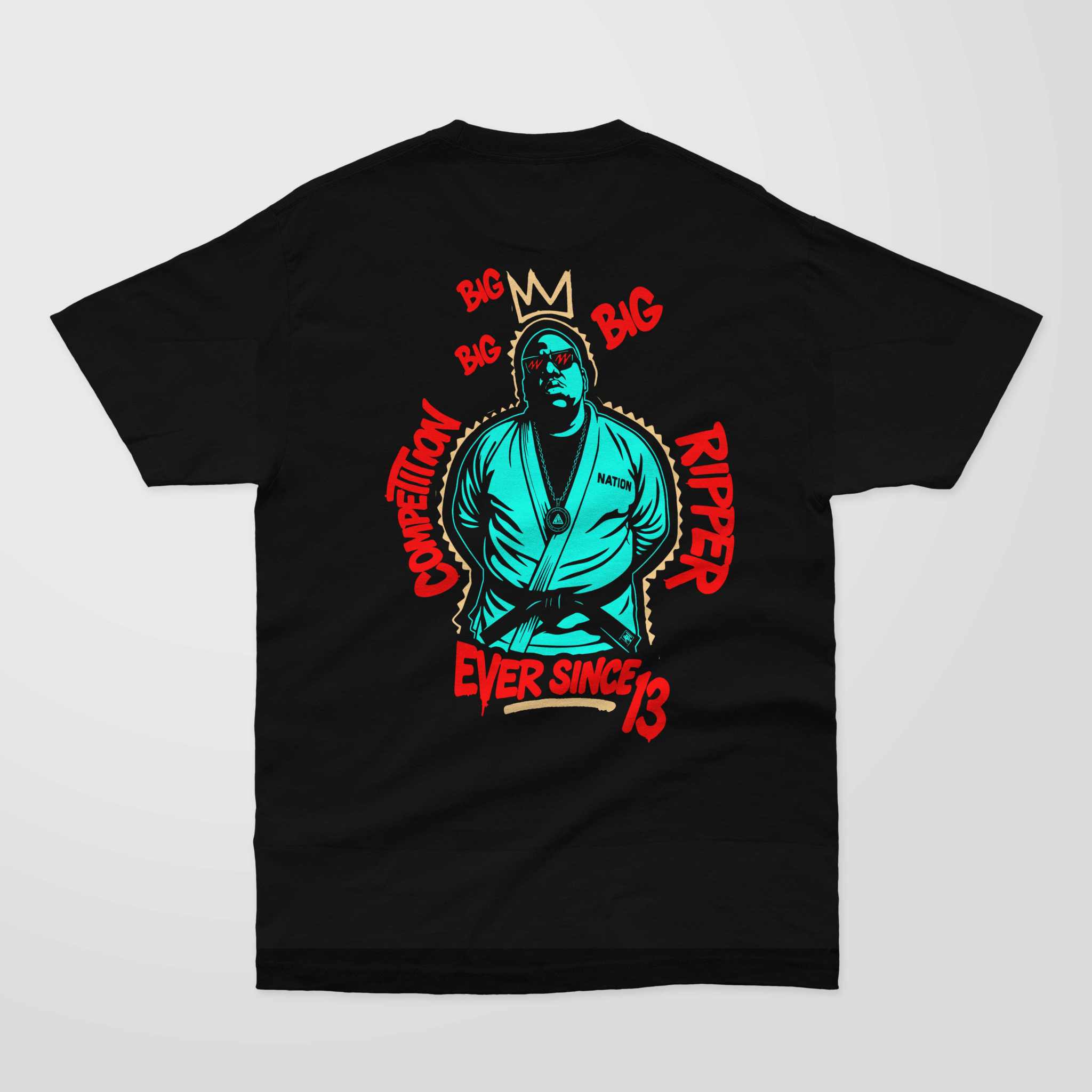 Black oversized tee featuring a bold graphic of a jiu-jitsu fighter with red and turquoise details, Biggie BJJ Oversized Tee streetwear design