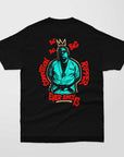 Black oversized tee featuring a bold graphic of a jiu-jitsu fighter with red and turquoise details, Biggie BJJ Oversized Tee streetwear design