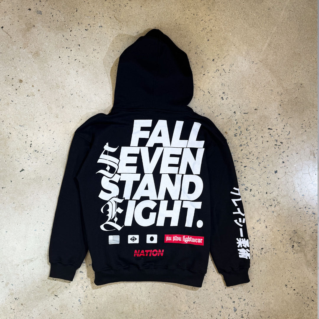 Black BJJ hoodie with "Fall Seven, Stand Eight" bold print, Nation Athletic design.