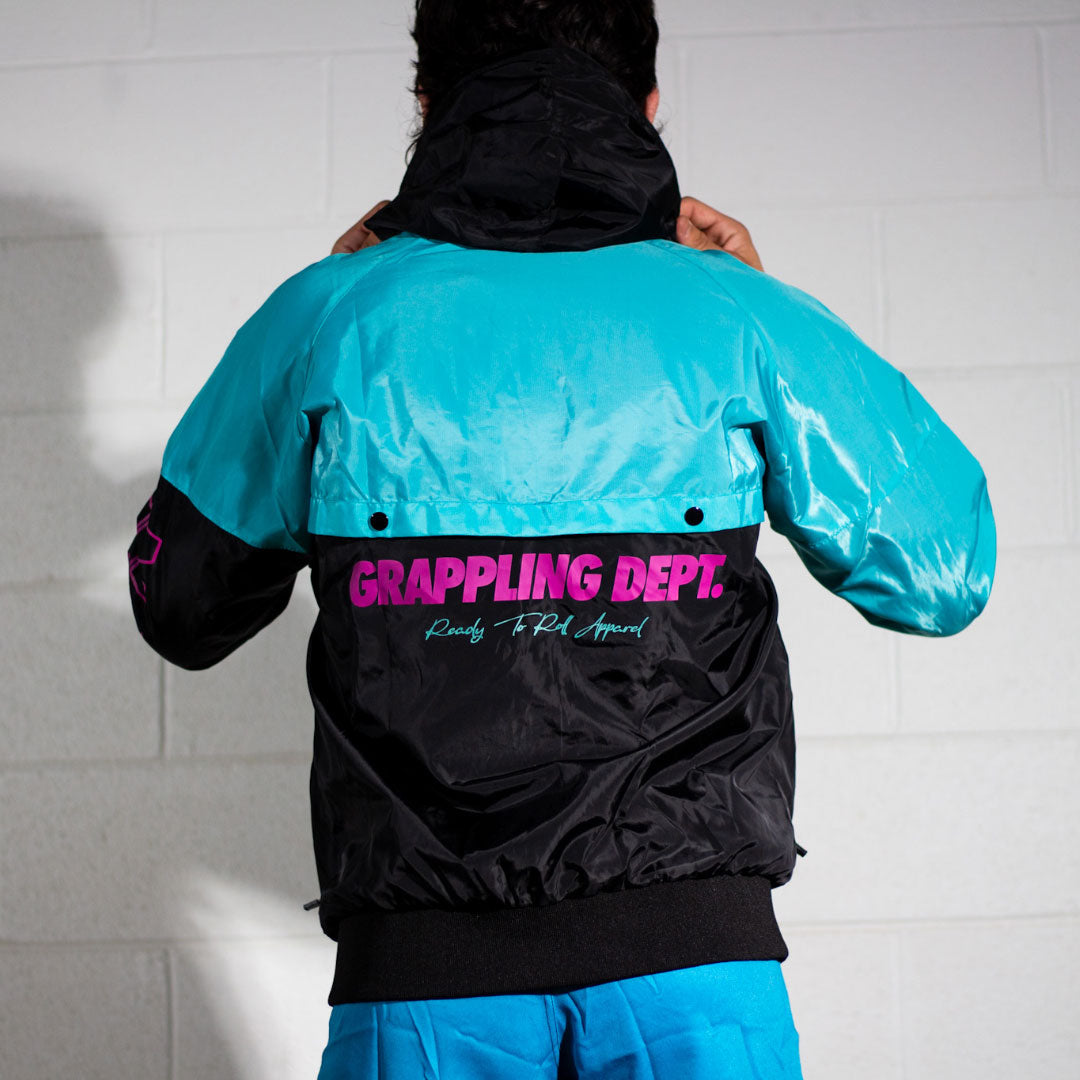 Retro BJJ hoodie warm up jacket with branded drawstrings and ventilation design. Back view