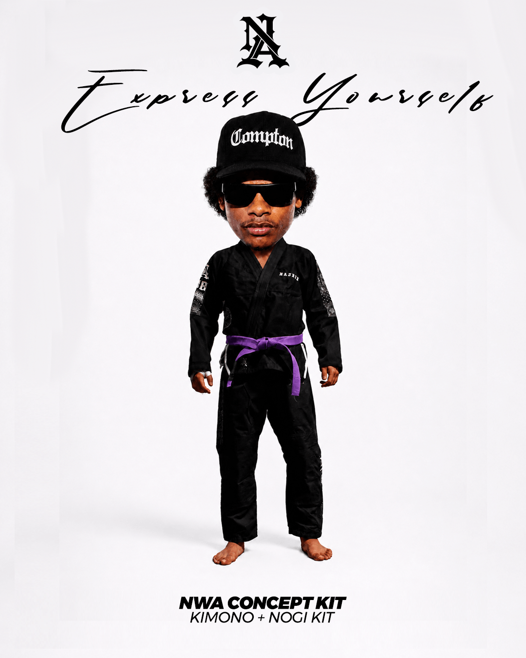 A NWA West Cost rap inspired, black martial arts bjj gi with a purple belt, black Compton cap, and sunglasses, standing against a white studio background. Text at the top reads 'Express Yourself' with an 'N' logo, and text at the bottom reads 'NWA CONCEPT KIT' and 'KIMONO + NOGI KIT'