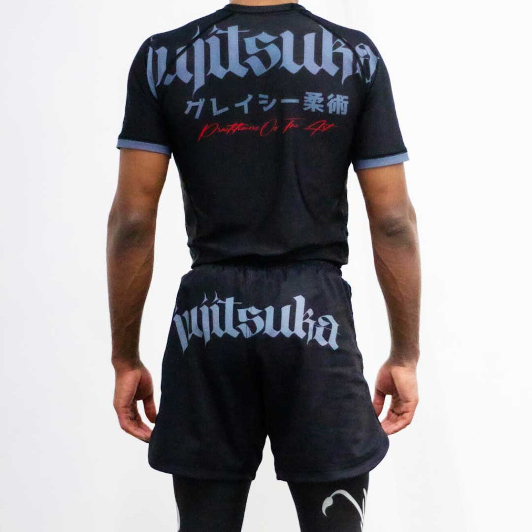 Nation Athletic BJJ Rash Guard and BJJ Shorts Set back view on model