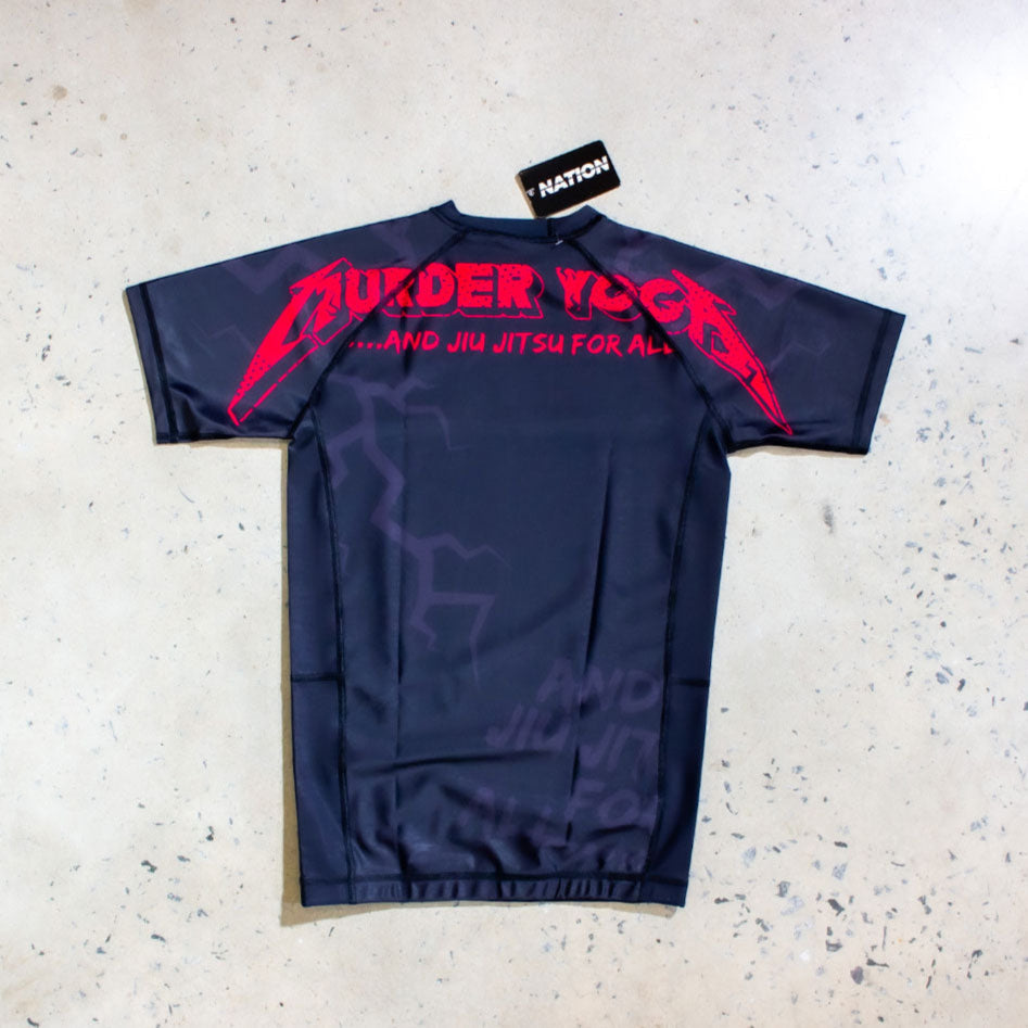 BJJ Rash Guard Murder Yoga V2 Black Short Sleeve, durable lightweight design.