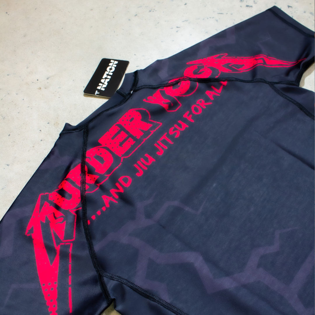 Murder Yoga Black BJJ Rash Guard Set with Grappling Shorts from Nation Athletic, featuring tailored fit and durable fabric.