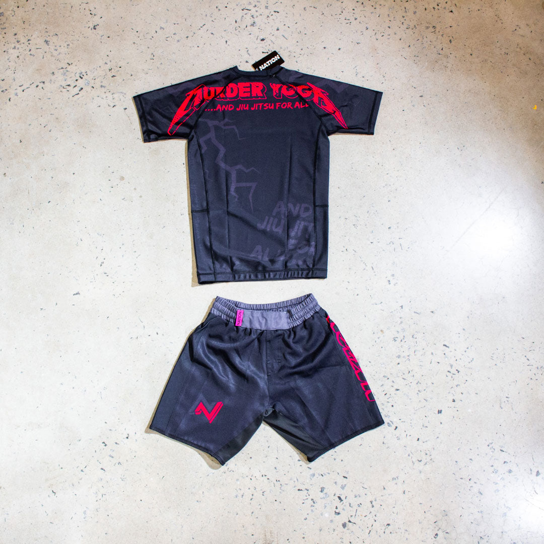 Murder Yoga Black BJJ Rash Guard Set with Grappling Shorts from Nation Athletic, featuring tailored fit and durable fabric.