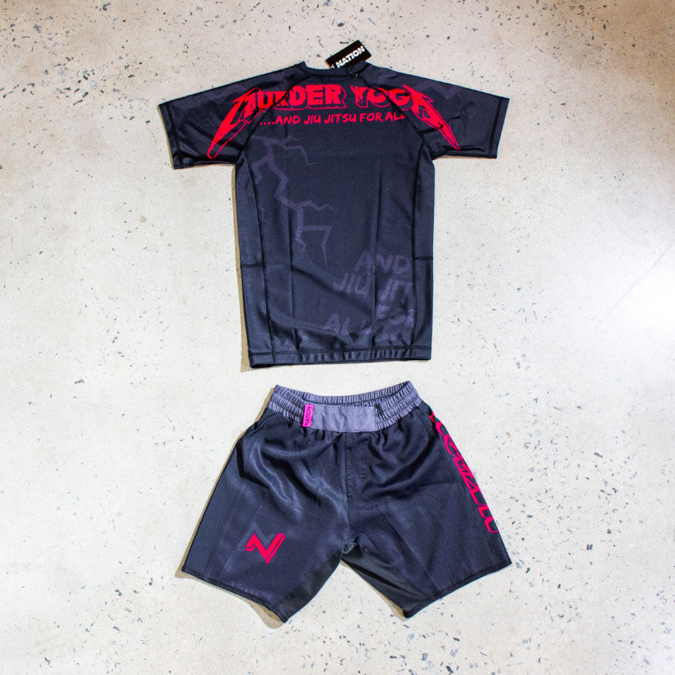 Black Murder Yoga V2 BJJ Rash Guard Set with tailored fit, including rash guard and grappling shorts, from Nation Athletic.