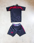 Murder Yoga Black BJJ Rash Guard Set with Grappling Shorts from Nation Athletic, featuring tailored fit and durable fabric.