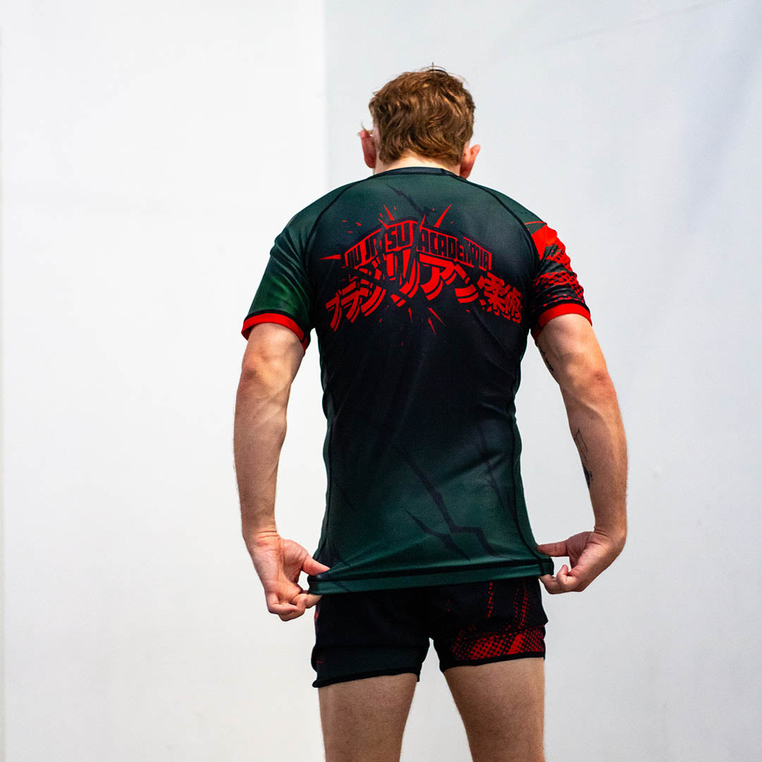 Bakugo Anime BJJ Rash Guard Set for Men, inspired by My Hero Academia, shown from the back.
