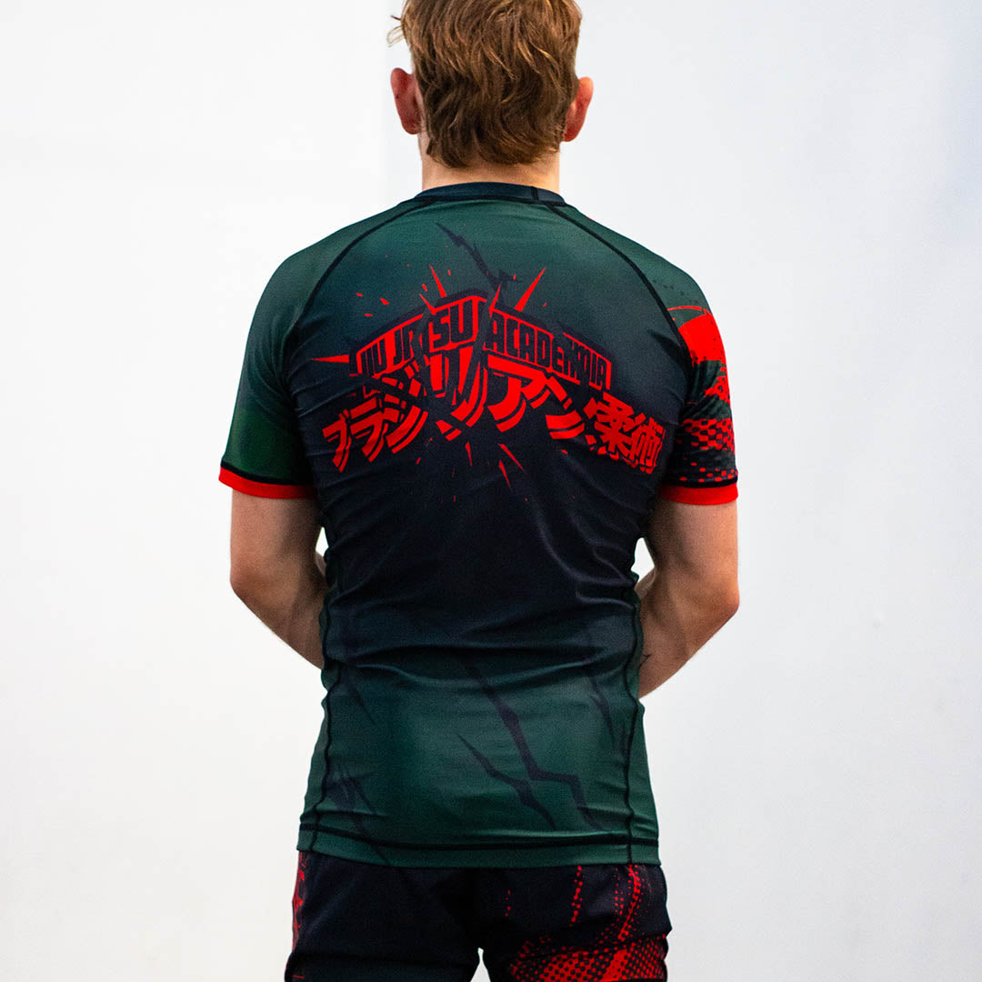 Bakugo Anime BJJ Rash Guard Set for Male with explosive My Hero Academia design.