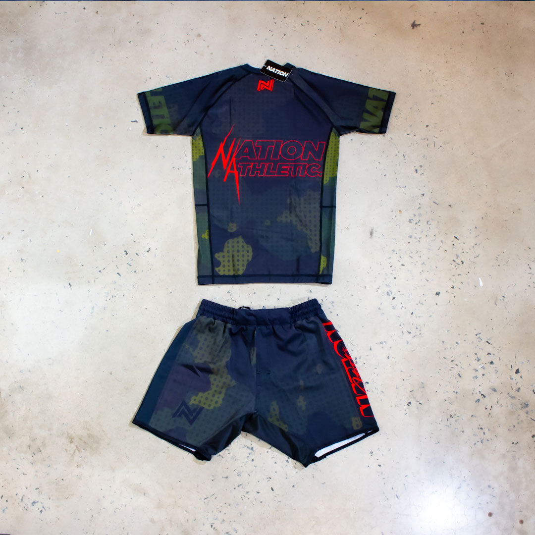 Camo Jiu-Jitsu set combat fatigues by Nation Athletic, includes rash guard and fight shorts.