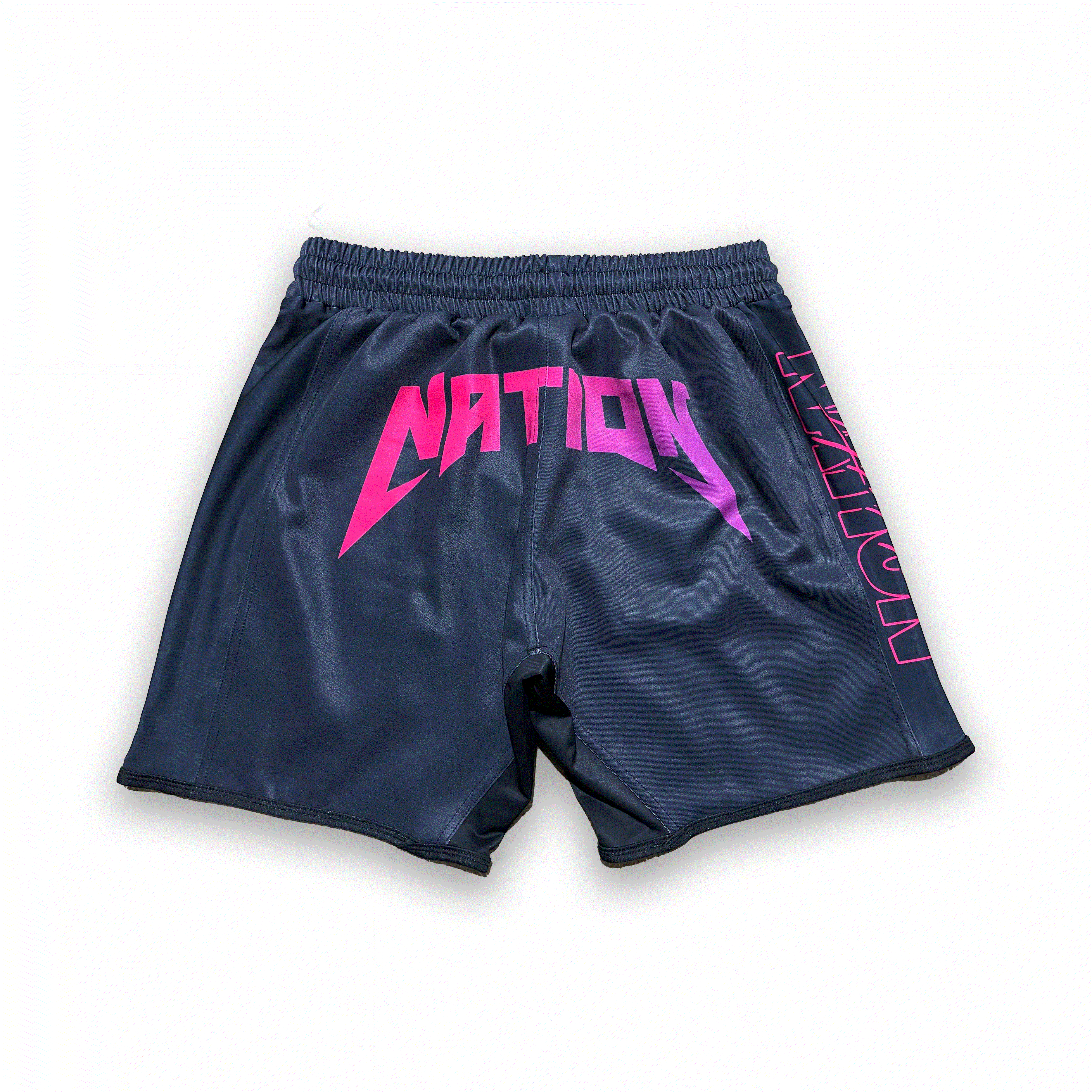 Black Kanye BJJ grappling shorts with pink "NATION" text, elastic waistband, designed for durability and flexibility in training and competition.