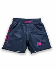 Black Kanye BJJ grappling shorts with pink "NATION" text and logo, 4-way stretch fabric, elastic waistband, designed for Brazilian Jiu-Jitsu training and competition.