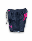 Black Kanye BJJ grappling shorts with pink logo, elastic waistband, and drawstring for secure fit.