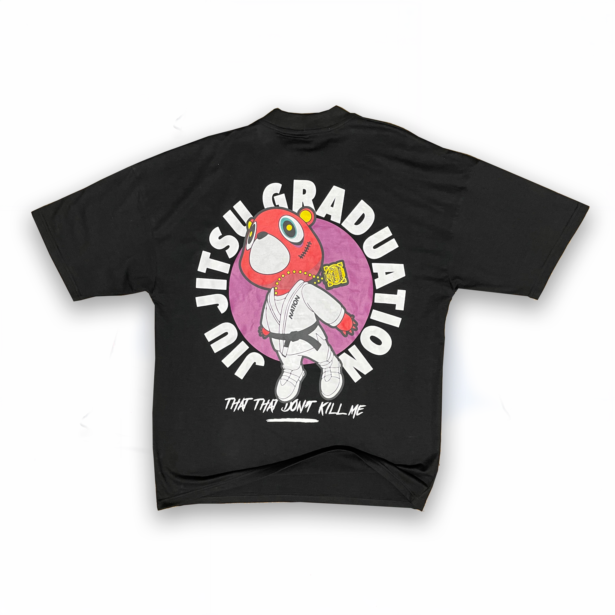 Black Kanye BJJ oversized tee with cartoon bear in jiu-jitsu gi and "Jiu Jitsu Graduation" text, streetwear fit, premium cotton