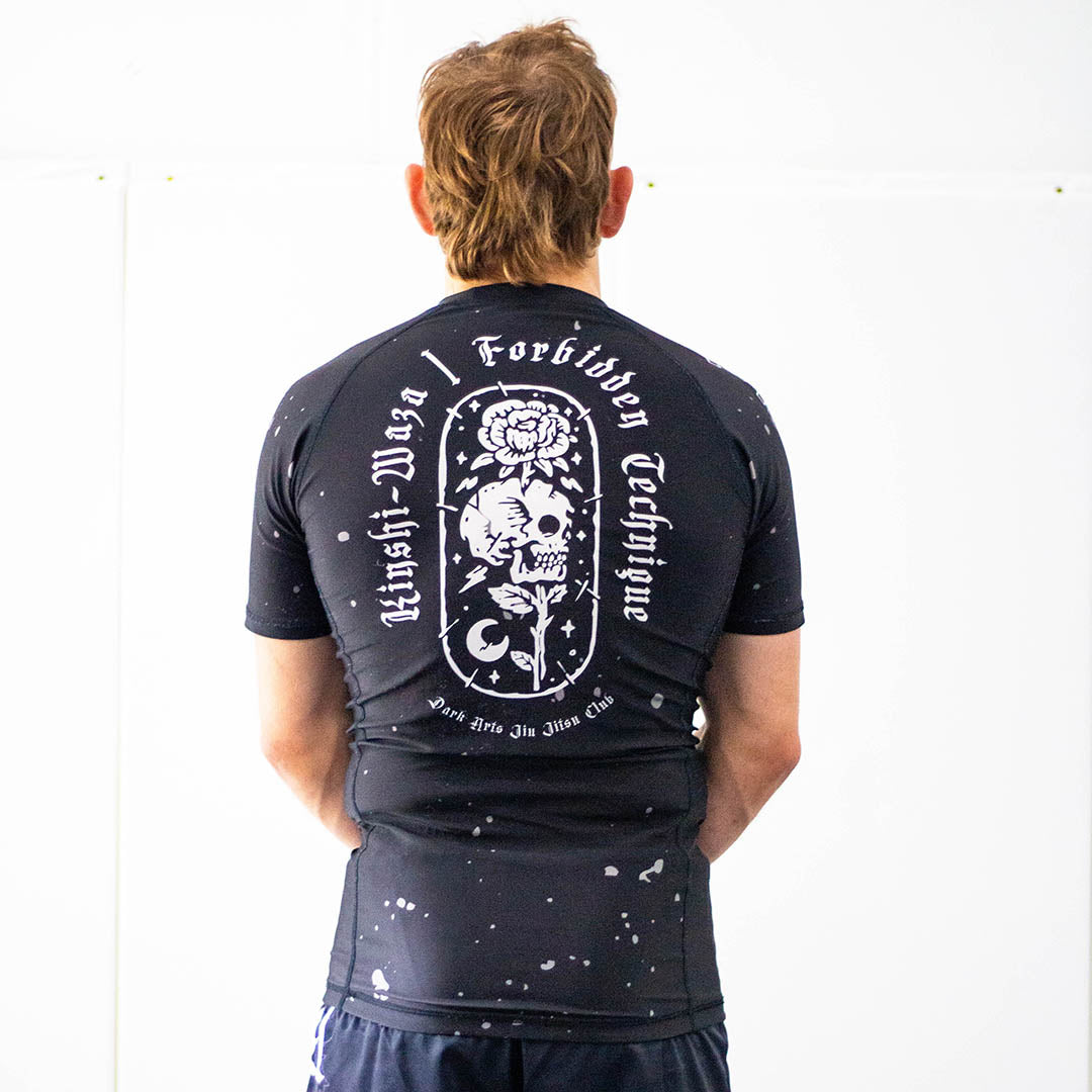 Jiu Jitsu Dark Arts BJJ Rash Guard Set for Men featuring Kinshi Waza design, rear view showcasing premium, durable material and unique artwork.