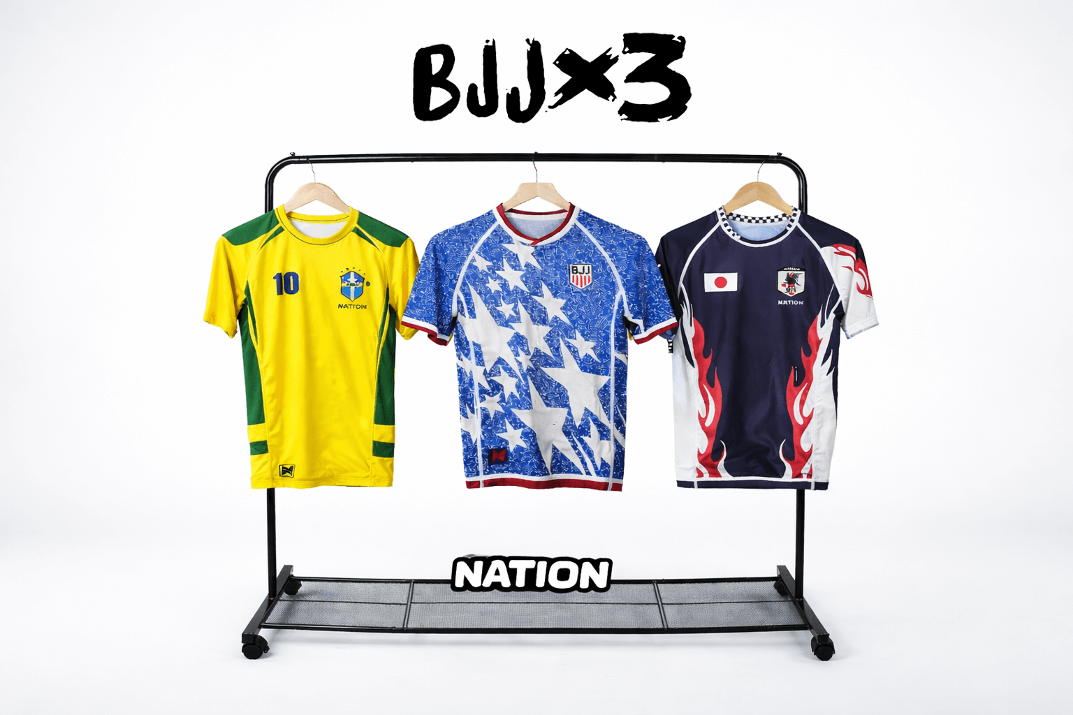 Three Brazilian Jiu-Jitsu (BJJ) shirts on a rack with 'BJJx3' branding.