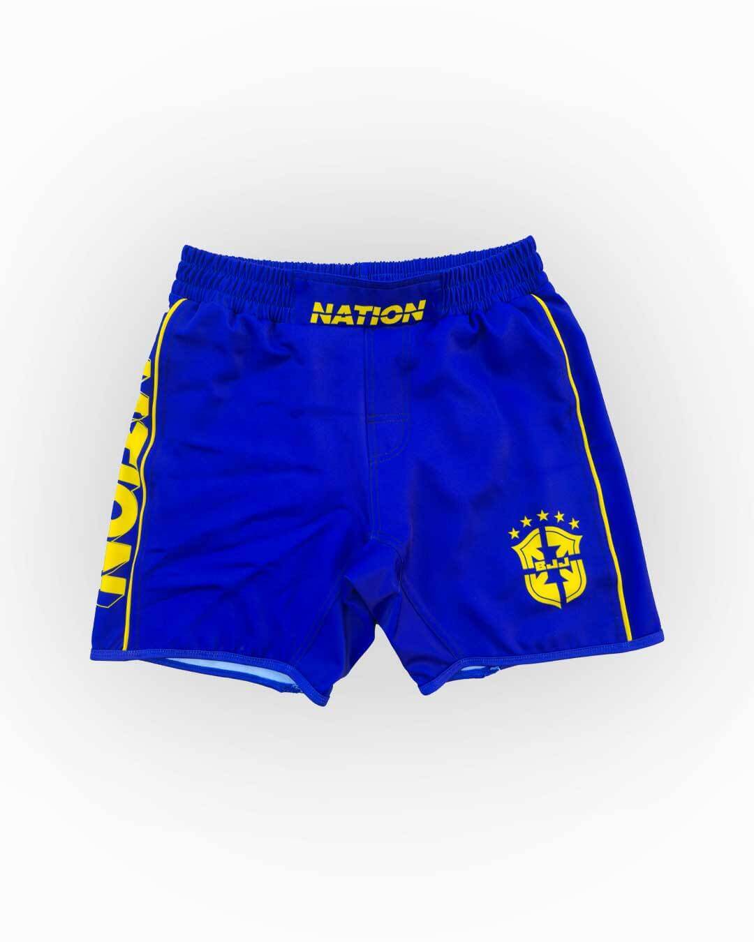 Blue shorts with yellow accents and 'NATION' branding on a white background